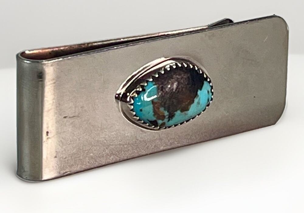 Signed NAVAJO 925 Sterling Silver Kingman Turquoise Money Clip 14.1g Yazzie